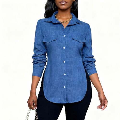 A ladies' blue button-down shirt with a pocket decoration