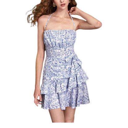 Women's Ditsy Floral Print Ruffle Trim Tie Front Tie Back
