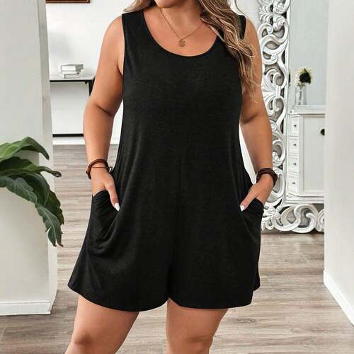 [Plus Size] Solid Color Sleeveless Fitted Romper Casual