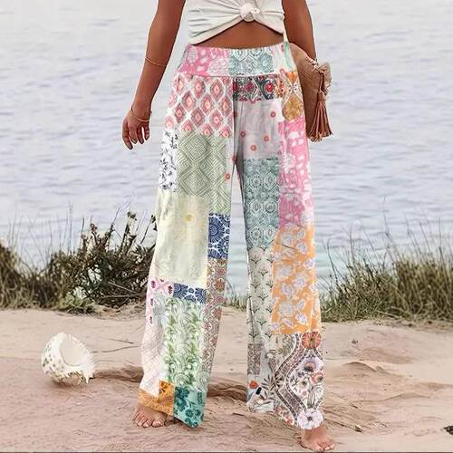 Women's Patchwork Print Elastic Waist Wide Leg Pants Casual