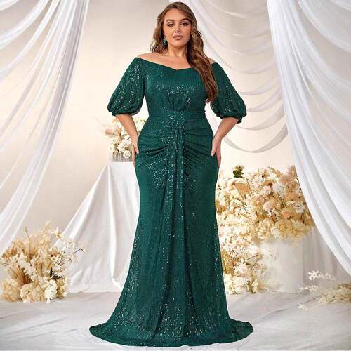 Women's Plus Size Off Shoulder Ruched Sequin Formal Dress