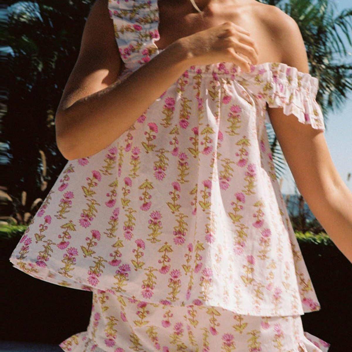 Women Floral Print Summer Set Square Neck Flutter Sleeve