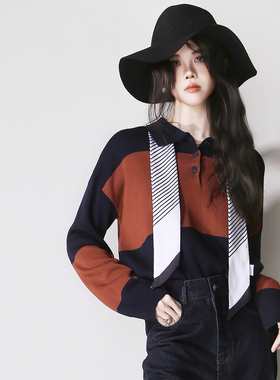 E36秋冬混搭小亮点撞色简约拼接POLO翻领显瘦打底套头长袖针织衫