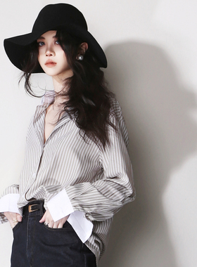D78简约欧美风百搭叠穿白色翻领竖条纹长袖宽松打底休闲通勤衬衫