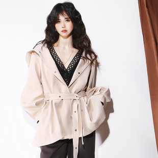 M71质感欧美风大气斗篷连帽灯笼袖 腰带风衣外套 廓形宽松显瘦大码