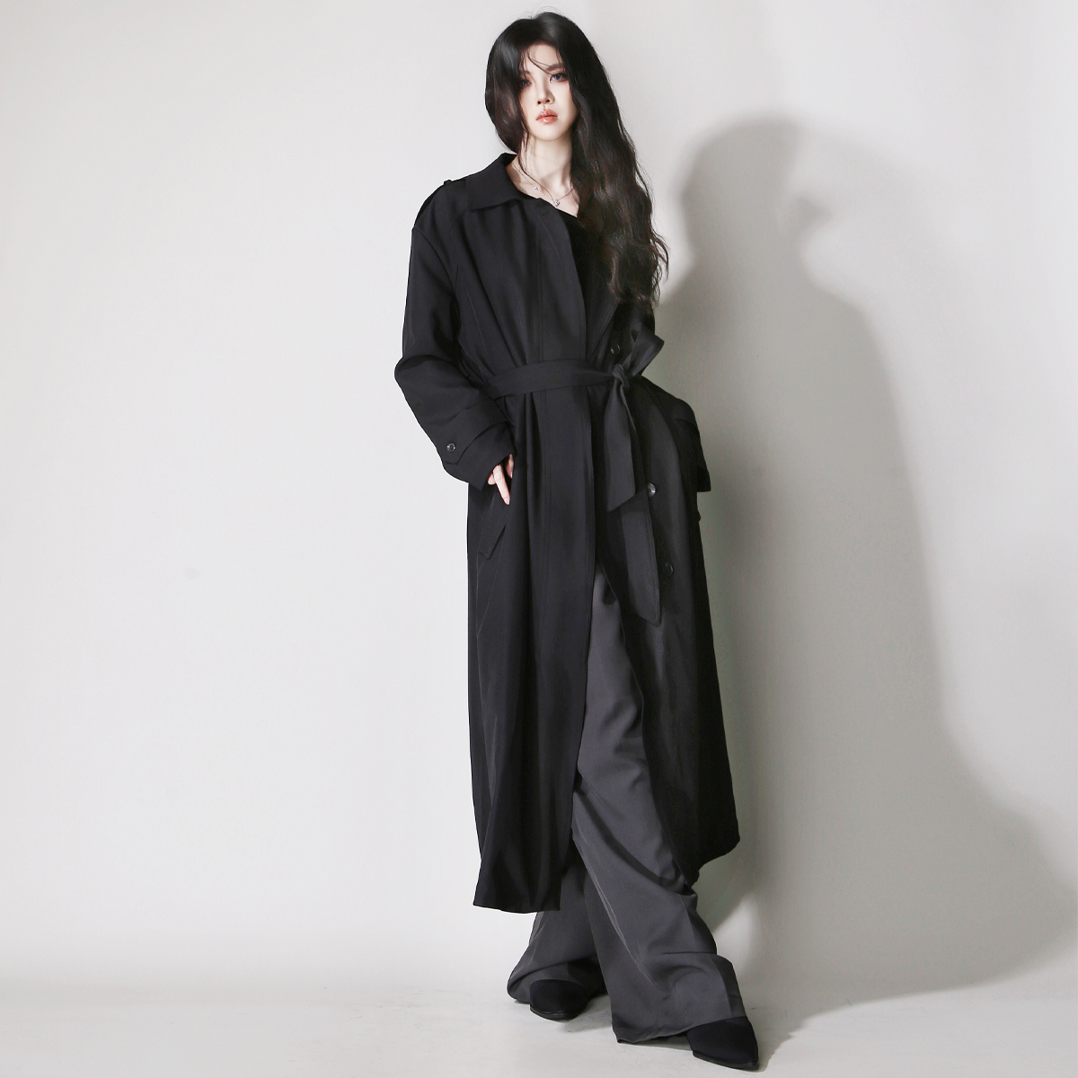 D54重磅垂感大气长款风衣