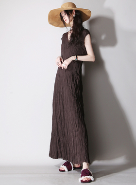 B83大气褶皱质感V领无袖A字简约纯色欧美风及踝休闲宽松连衣长裙