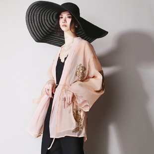 C35温柔杏仁粉色飘逸雪纺防晒长袖 外套 串珠复古系带宽松披肩开衫