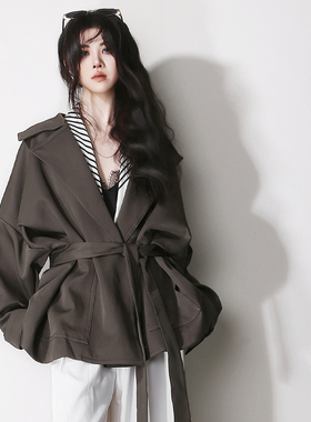 D76大气廓形落肩翻领蝙蝠袖收腰系带欧美风宽松显瘦休闲风衣外套