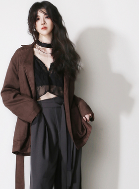 D58反皮绒柔软垂感大气欧美风系腰带口袋显瘦叠穿西装翻领外套