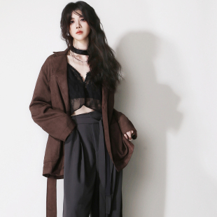 D58反皮绒柔软垂感大气欧美风系腰带口袋显瘦叠穿西装 翻领外套