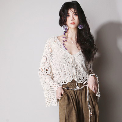 复古镂空叠穿薄款喇叭袖针织罩衫