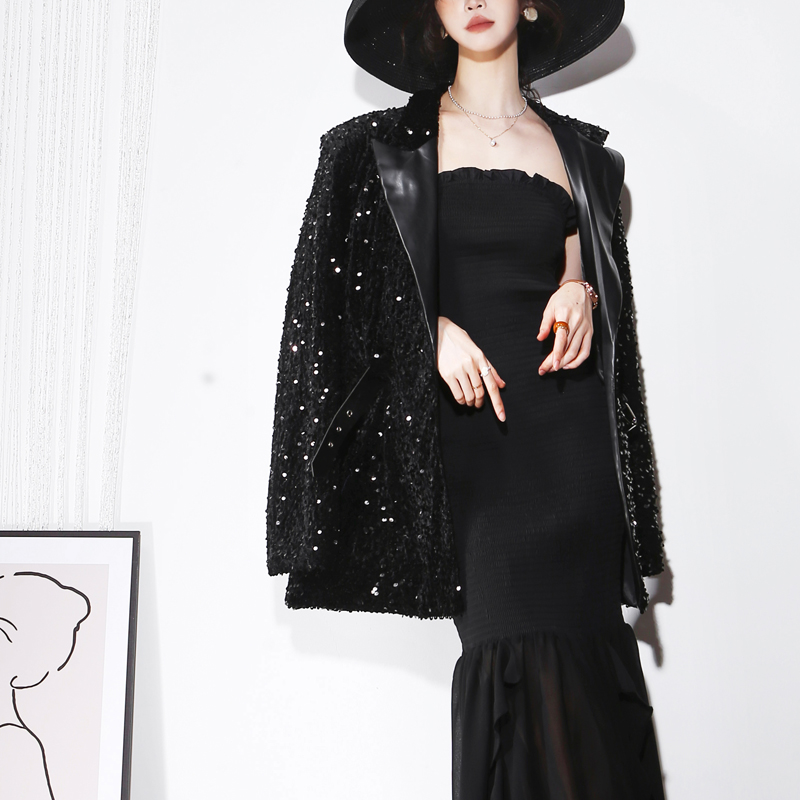 欧美风长袖亮片腰带西装外套
