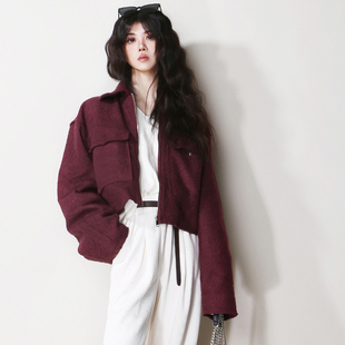 Y41安可拉红高级感大气显白高腰短款欧美风小个子毛呢短外套夹克