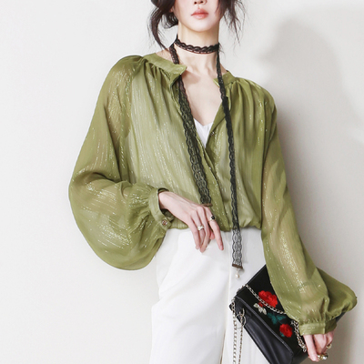 宽松欧美风长袖亮丝线衬衫