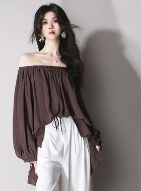 C81可配套柔软垂感显瘦褶皱一字露肩灯笼袖欧美法式简约宽松衬衫