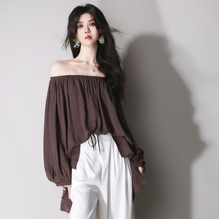 简约宽松衬衫 C81可配套柔软垂感显瘦褶皱一字露肩灯笼袖 欧美法式