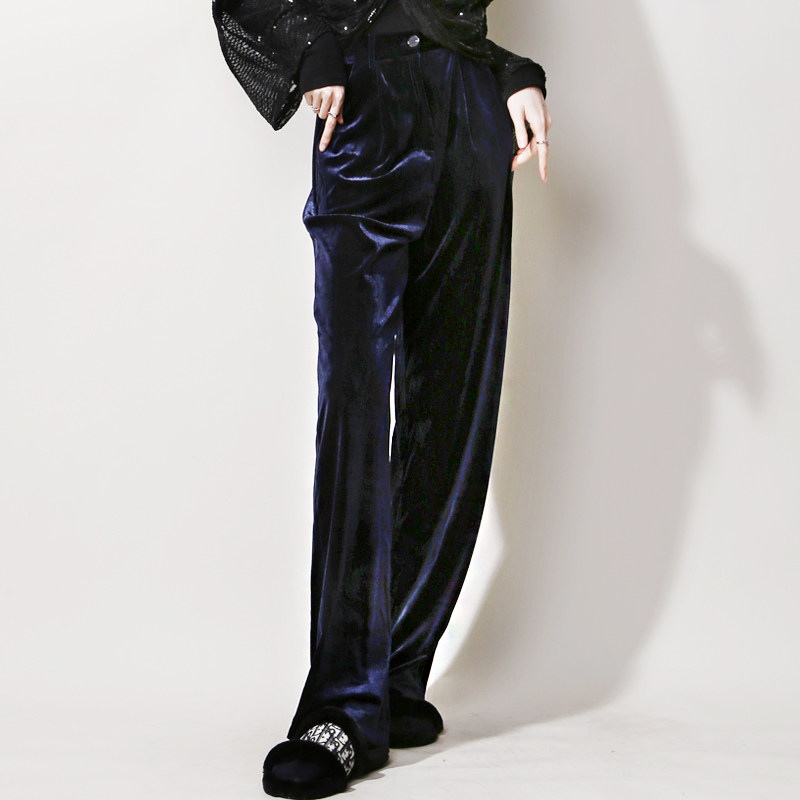 T28秋冬亮点低调暗蓝色丝绒哑光高腰垂感显瘦宽松直筒阔腿长裤,女装/女士精品,休闲裤,淘宝优惠券,粉丝福利购,淘宝优惠卷