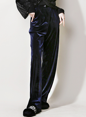 T28秋冬亮点低调暗蓝色丝绒哑光高腰垂感显瘦宽松直筒阔腿长裤