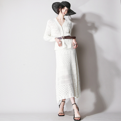 B55法式高级感套装 简约镂空针织V领配腰带开衫+中长款高腰半身裙