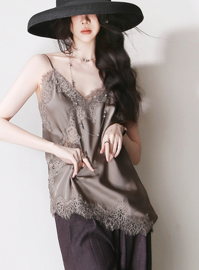 E55超美斜边镂空不对称蕾丝拼接丝滑缎面打底外穿欧美风背心吊带