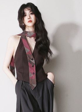 D63不对称领带围脖独特设计感波普风欧美V领挂脖露背显瘦收腰马夹