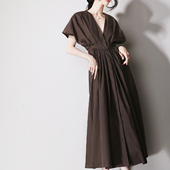 衬衫 C56松弛感慵懒褶皱V领蝙蝠袖 显瘦宽松高腰系带中长款 连衣裙