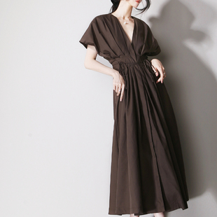 连衣裙 衬衫 C56松弛感慵懒褶皱V领蝙蝠袖 显瘦宽松高腰系带中长款
