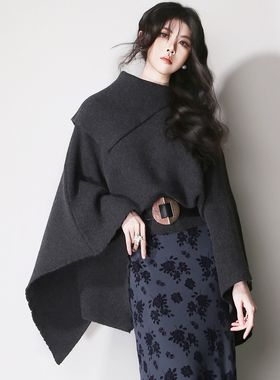 E1不对称翻领深灰大气套头半高领复古欧美风九分袖宽松斗篷毛衣