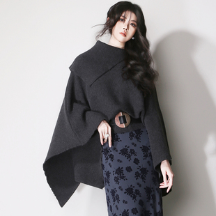 E1不对称翻领深灰大气套头半高领复古欧美风九分袖宽松斗篷毛衣