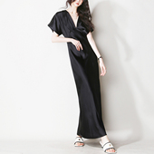 A97超显瘦丝滑垂感深V领褶皱高腰A字裙宽松衣袖 欧美风简约连衣裙