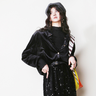 z56丝绒垂感抽绳收腰金属扣宽松显瘦欧美风飞行员夹克棒球短外套