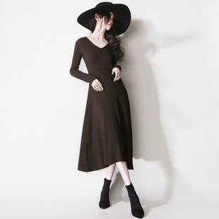 E76超大弹力修身 连衣裙 显瘦垂感软糯不规则下摆打底V领欧美风长袖