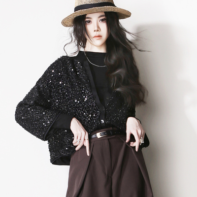 欧美风亮片圆领显瘦短外套
