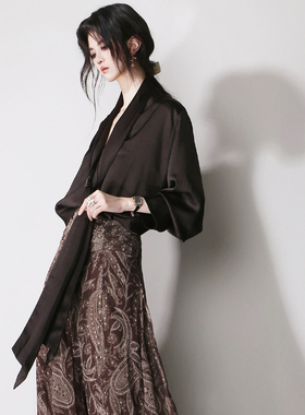 D22可变穿法造型飘带丝巾领结显瘦丝滑垂感欧美风百搭V领长袖衬衫