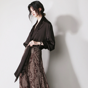 D22可变穿法造型飘带丝巾领结显瘦丝滑垂感欧美风百搭V领长袖 衬衫