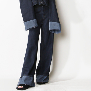 A53可配一套撞色翻折宽卷边设计后腰扣带宽松显瘦直筒阔腿牛仔裤