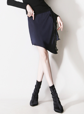 E82蕾丝睫毛拼接不对称开叉斜角裁剪高腰A字欧美风显瘦半身短裙