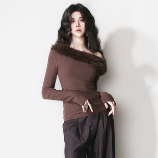 E66不对称单侧露肩毛毛温柔一字领弹力显瘦修身 欧美风简约针织T恤