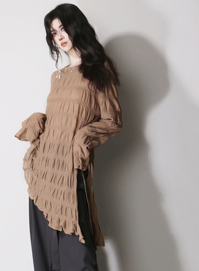 D42超薄垂感褶皱坑条纹不对称斜向侧开叉系带宽松显瘦中长款上衣T