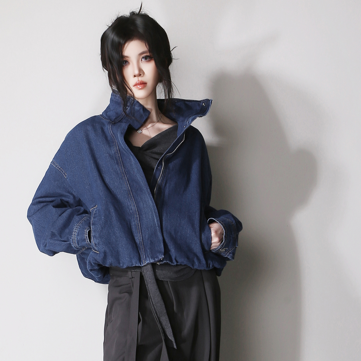 可立领可翻领收缩下摆高腰短款