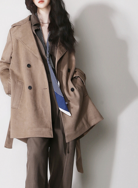 D67反绒皮质感显瘦低调欧美风双排扣系腰带西装领简约风衣外套