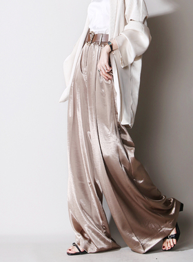 B64超牛垂感老钱风高智感金色高腰阔腿欧美风大气休闲西装裤长裤