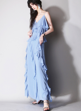 C19浪漫海蓝色层叠不规则飘逸荷叶边V领及踝度假风欧美吊带连衣裙