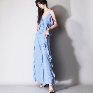 C19浪漫海蓝色层叠不规则飘逸荷叶边V领及踝度假风欧美吊带连衣裙