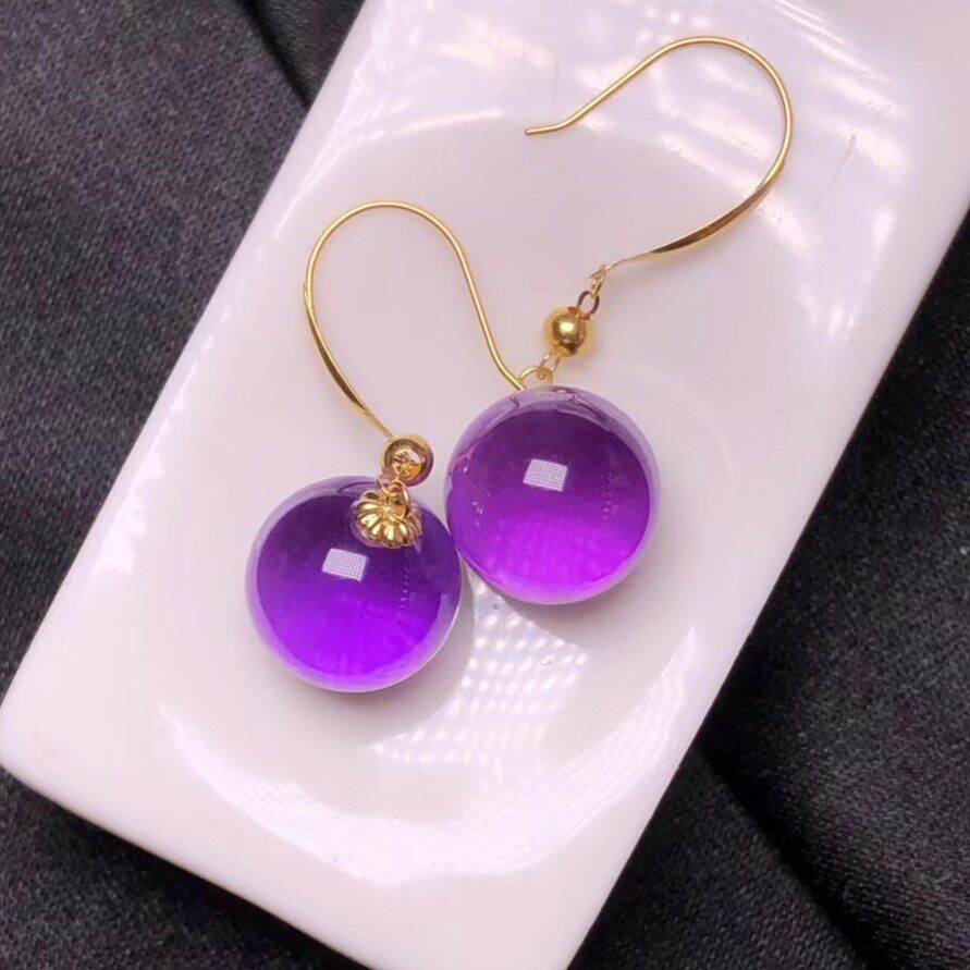 천연 브라질 자수정이 박힌 18K 골드 10MM 둥근 구슬 귀걸이 순수 짙은 보라색 전송 비즈 세련된 귀고리