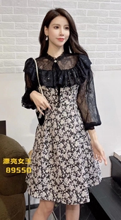 卓雅风格名媛轻奢重工钉珠亮片蕾丝荷叶边长袖拼提花连衣裙小香风