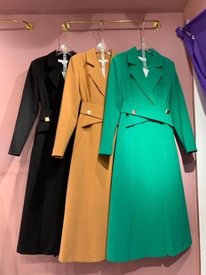 法式优雅翻领长袖交叉收腰风衣式连衣裙2022秋季西装过膝长裙纯色