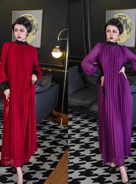 上流社会女神范紫色绝美连衣裙秋新小香风红色订婚礼服百褶长裙BD