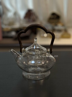 平安壶.高硼硅玻璃煮茶壶胡桃木提 500ml 口径7.3ml 高19.3cm